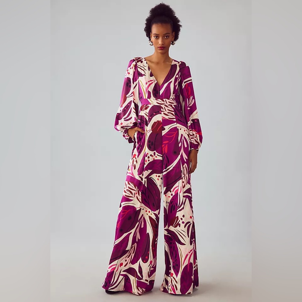 NWT Anthropologie Hutch Jumpsuit Purple Pink Floral Deep-V Wide Leg Size 4